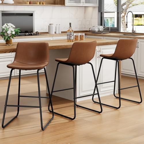 REONEY Bar Stool Set of 3, 26" Urban Faux Leather Counter Stool, Dark Brown