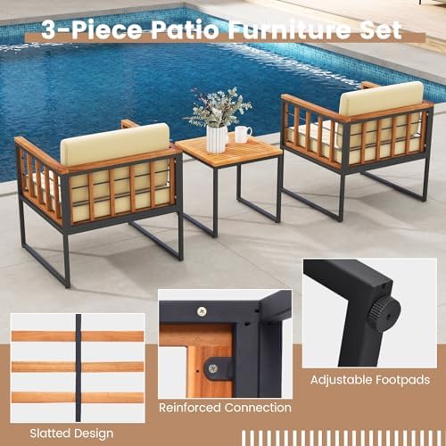 Tangkula 3 Pieces Patio Chair Set, Acacia Wood Outdoor Sofa Set with Metal Su...