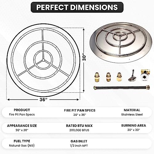 Stainless Steel Fire Pit Burner Pan Kit, NG, 36-Inch Burner Pan