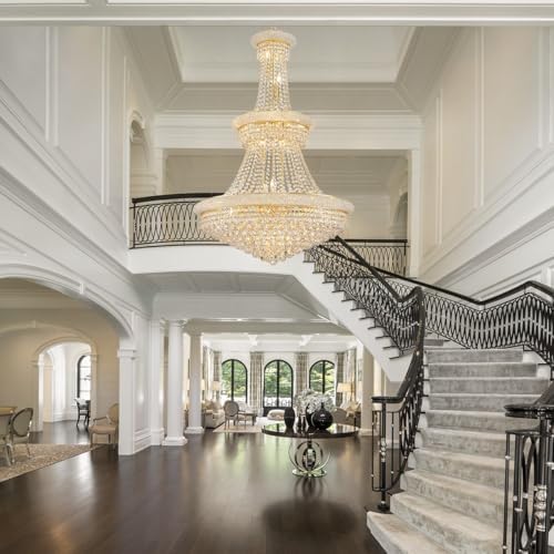 19-Lights High Ceiling Chandelier Modern Gold Crystal Chandeliers Large Foyer...