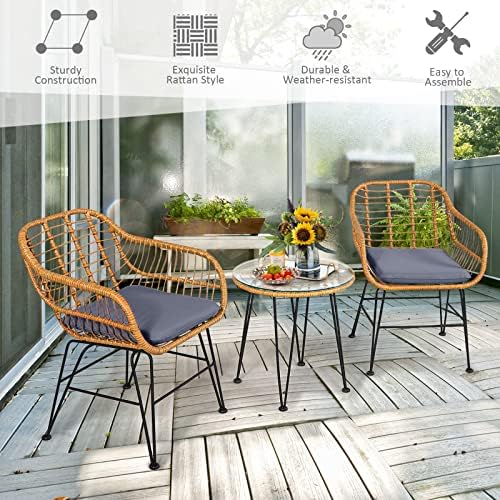 Tangkula 3 Pieces Patio Bistro Set, Rattan Conversation Set with 2 Cushioned ...