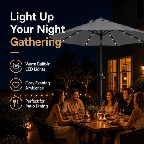 Yaheetech 9FT Solar Patio Umbrella w/Push Button Tilt & Crank, Gray