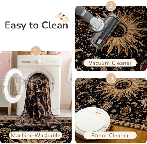 Vacuum-Friendly, 8x10 Washable Area Rug, Black Gold Beige Red