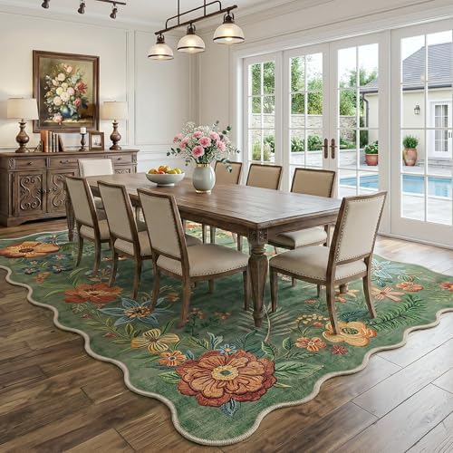 FMFUNCTEX 8x10 Washable Sage Green Boho Scalloped Area Rug for Living Room