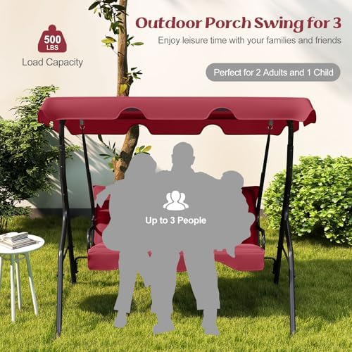 Tangkula 3 Person Porch Swing with Cushions & Canopy, Wine