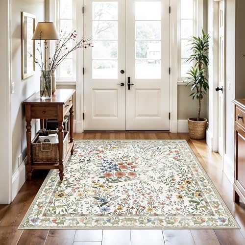 5x5 Living Room Area Rug Washable: Floral Non-Slip Mats for Indoor Floor Entr...
