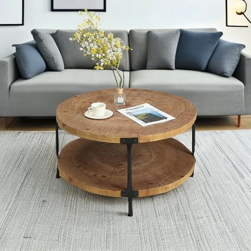 Awescuti Round Boho Wood Coffee Table - 29.1" Farmhouse Natural Circle W...