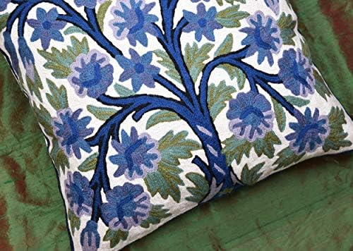 Blue Tree of Life Pillow Cover Indigo Plant Floral Pillowcase Needlepoint Bot...