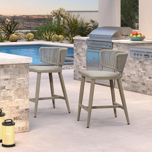 PURPLE LEAF Outdoor Counter Height Bar Stool 2-Pack Rope Wicker Champagne