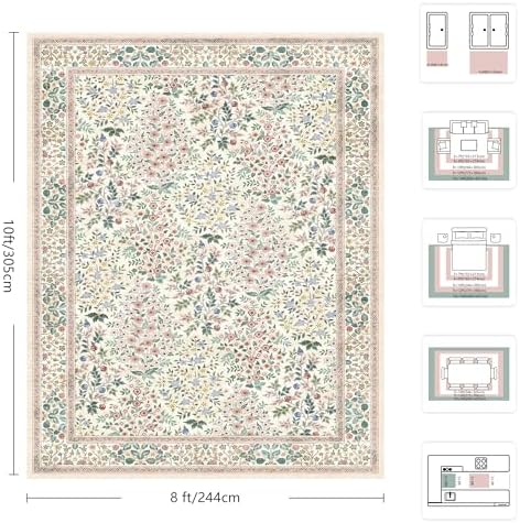 8x10 Area Rugs, Machine Washable Low Pile Floral Rugs for Living Room, Bedroo...
