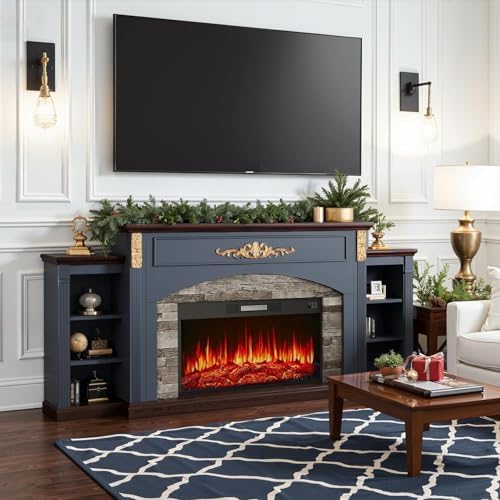 BLANKSPACE 80" Fireplace TV Stand Fits TVs up to 90 Inch,Navy Blue Enter...