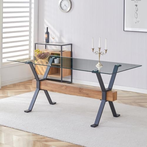 Glass Dining Table 71"｜Modern Dining Table for 6-8｜0.4" Thick Tempe...
