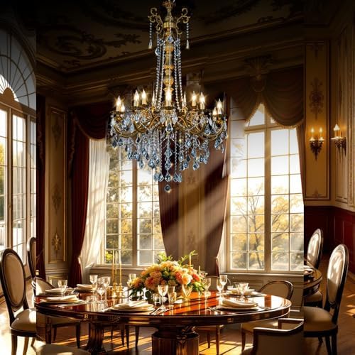 Gold Crystal Chandelier, Antique Gold Candle Chandelier High Ceiling H54"