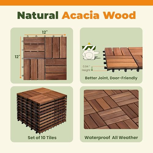 Jurax Interlocking Wood Deck Tiles, 10Pcs Patio Flooring, Walnut