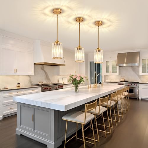 2 Pack Brushed Gold Pendant Light Fixtures Modern Crystal Kitchen Lighting