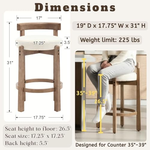 LukeAlon Mid Century Linen Counter Stools Set of 3, Upholstered 26.5" Se...