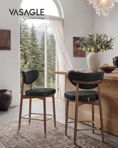 VASAGLE Wooden Bar Stools Set of 2, Synthetic Leather, Ink Black
