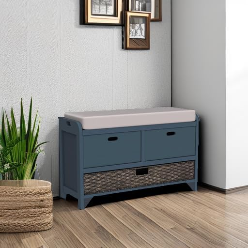Merax Classic Wood Shoe Storage Bench with 2 Drawers, Large Rattan Basket and...