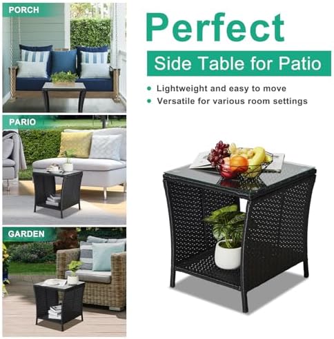 Wicker Rattan Side Table, Outdoor Square Rattan Coffee End Table with Tempere...