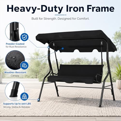 Garvee 3 Seat Outdoor Porch Swing with Adjustable Canopy, Patio Swing Chair w...