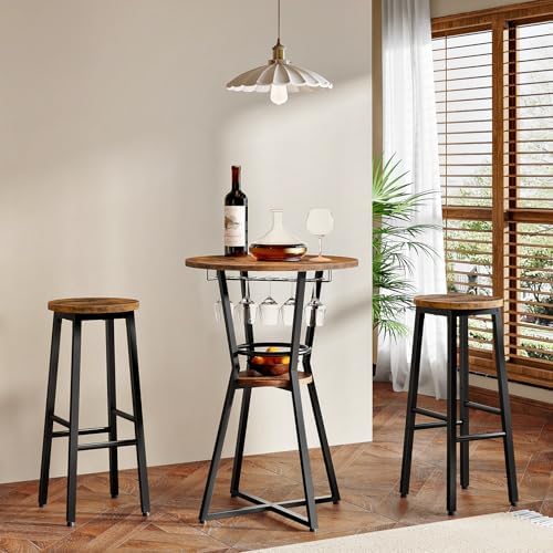 HOOBRO Round Bar Table, 2-Tier Counter Height Pub Table with Wine Glass Holde...