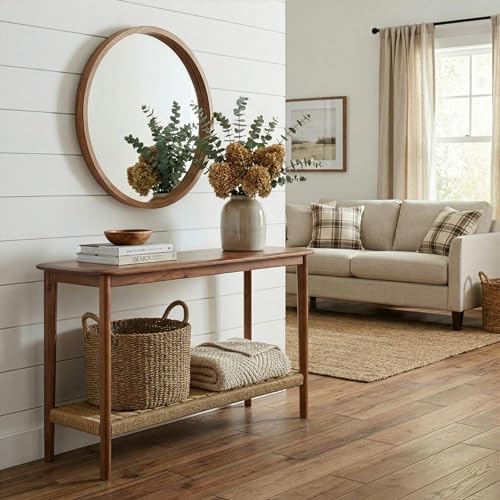 Calais Solid Wood Console Table with Woven Storage Shelf, Chestnut, 48 Inch