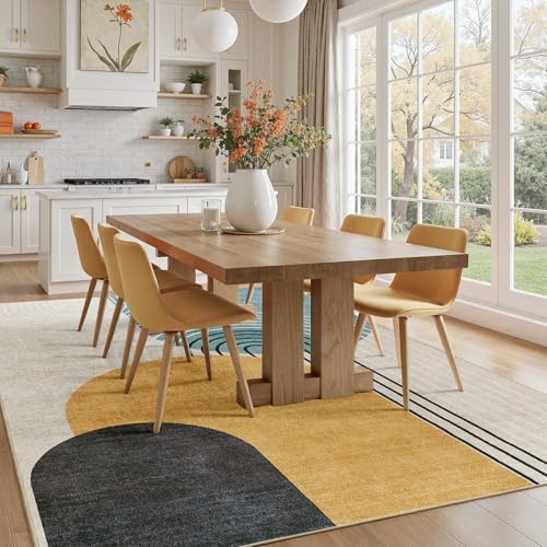 DCX Abstract Washable 6x9 Rug, Non Slip Low Pile Rug, Blue & Yellow