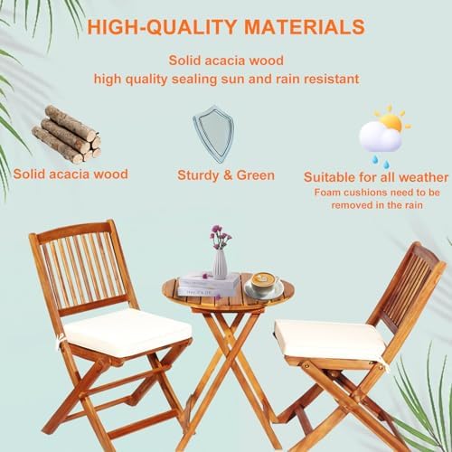 S AFSTAR Bistro Table and Chairs Set of 2, Acacia Wood Folding Bistro Set for...