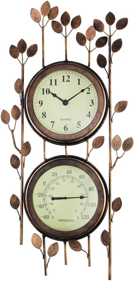 BESTIME 66059 Two-in-one Leaf Design Metal Clock.Wall Art Clock,Thermometer,I...