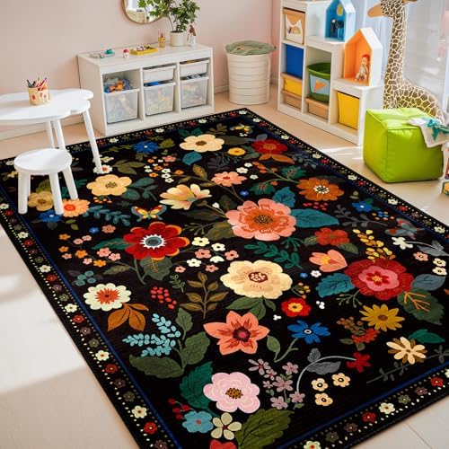 RELEANY Floral Washable 5x7 Area Rugs Black