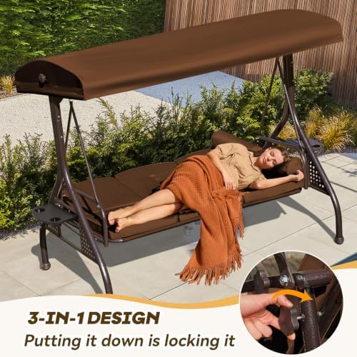 3 in 1 Outdoor Porch Swing with Adjustable Canopy, 3 Seat Outdoor Swing for A...