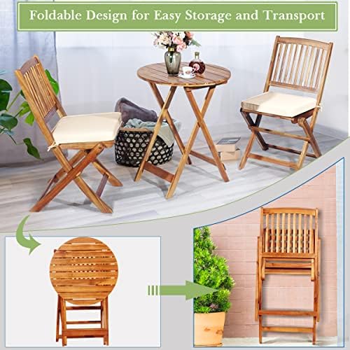 FANTASK 3 Pieces Folding Acacia Wood Bistro Set, Patio Furniture Set with Cus...