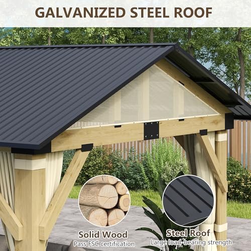 11'x13' Wood Gazebo, Outdoor Hardtop Gazebo, Cedar Frame Wooden Gazeb...