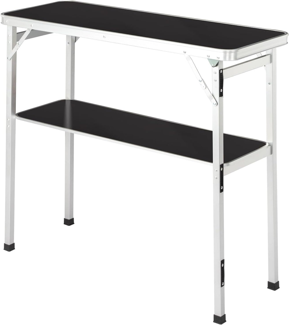 Vasitelan Folding Portable Bar Table with 2 Tier Shelves and Skirt,Black