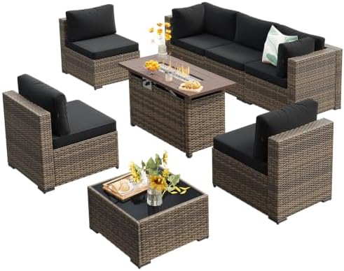 LazySunsets 8 Piece Outdoor Patio Furniture Set with 44'' Fire Pit Ta...