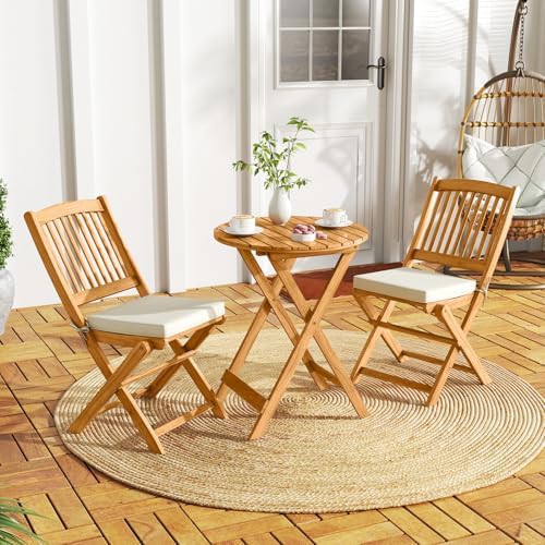 tangkula 2 pieces folding outdoor dining chairs, acacia shown in use
