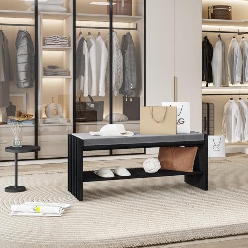 BON AUGURE 40" Entryway Shoe Bench with Storage & Cushion, Modern Fl...