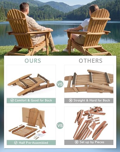 Wooden Folding Adirondack Chair Set of 4, Pre-Assembled BackRest Wood Lounge ...