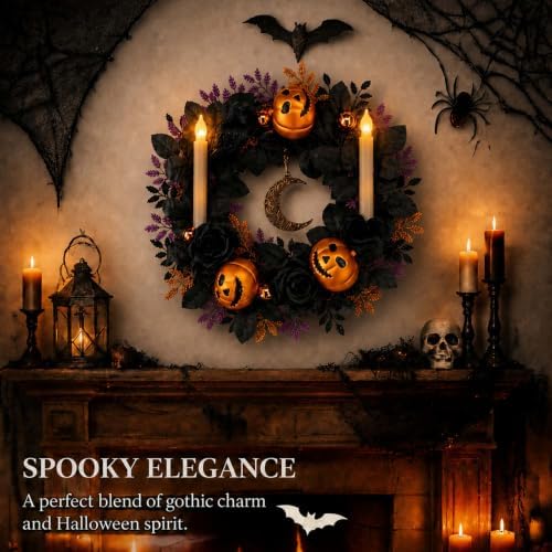 18'' Halloween Wreath with Lights, Black Roses, Crow, Pumpkin
