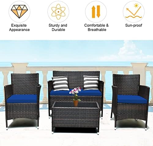 Tangkula 4-Piece Modern Patio Rattan Conversation Set, Outdoor Wicker Furnitu...