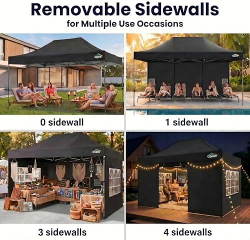 COBIZI 10x15 Pop Up Canopy Tent,Heavy Duty Canopy(Black with 4 Sidewalls)