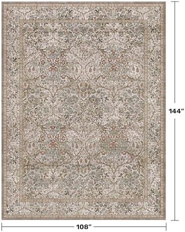 Washable 9x12 Living Room Rug - Moss Brown Floral Area Rug for Dining Room Un...