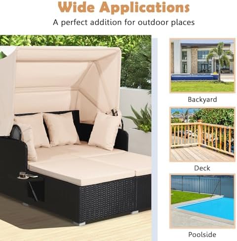 Moccha Outdoor Daybed with Retractable Canopy, Wicker Cabana with 2 Side Tabl...