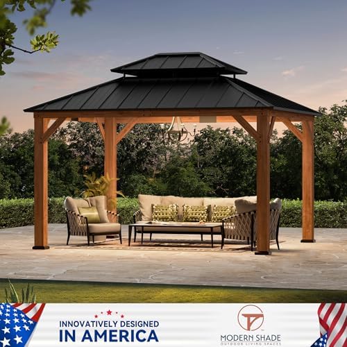 Modern Shade Permanent Wood Gazebo 10x12 with Double Galvanized Steel Roof