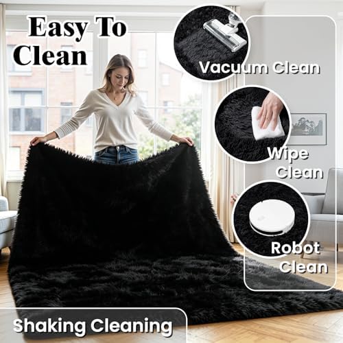 6x9 Fluffy Area Rug for Living Room: Soft Non-Slip Black Bedroom Carpet