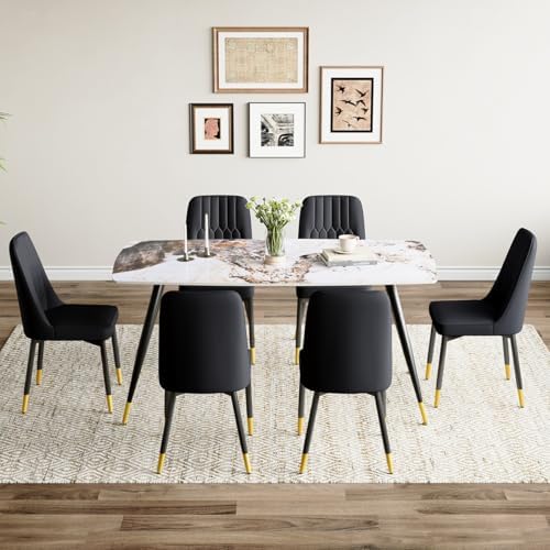 7 Piece Dining Table Set, Dinner Table Set for 6, Sintered Stone Kitchen Tabl...