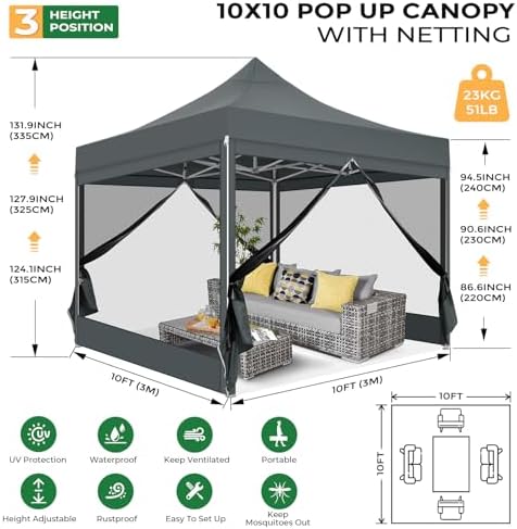 COBIZI 10x10 Heavy Duty Pop Up Canopy with 4 Mosquito Net Sidewalls, Gray