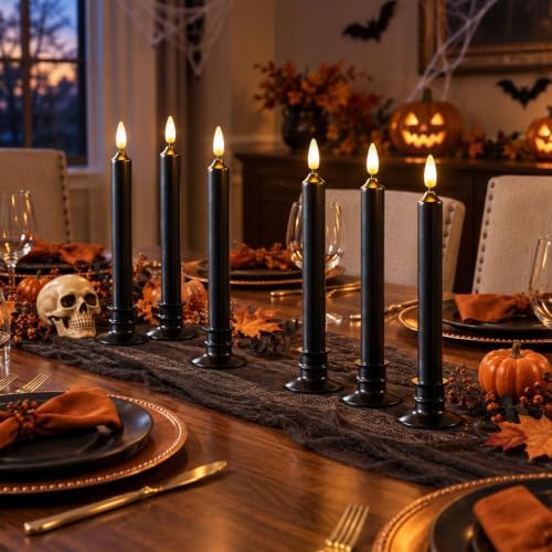 6 Pcs Halloween Black Flameless Taper Paraffin Wax Candles, Remote & Timer