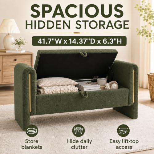 52" Upholstered Storage Bench, Green, Armrests, Wood Frame
