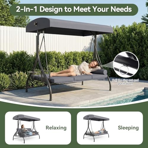 Aoxun Outdoor Porch Swing with Stand and Canopy, 3 Seats Outdoor Swings for A...